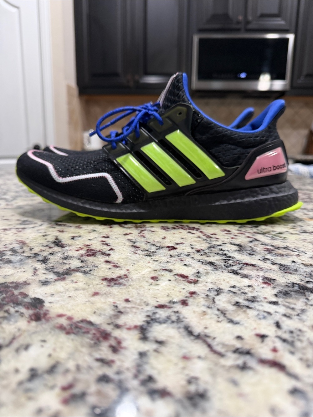adidas Black Athletic Shoes with Neon Green Stripes and Pink Heel